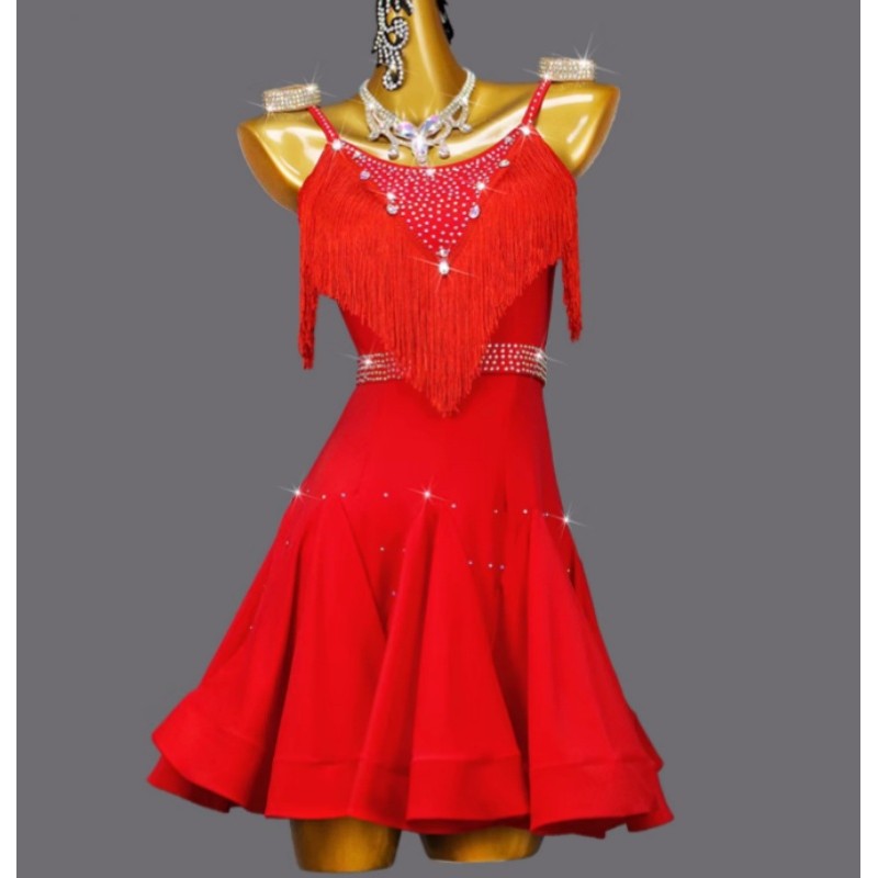 Custom size red color competition diamond latin dance dresses for girls kids fringe salsa samba chacha rumba performance costumes for children